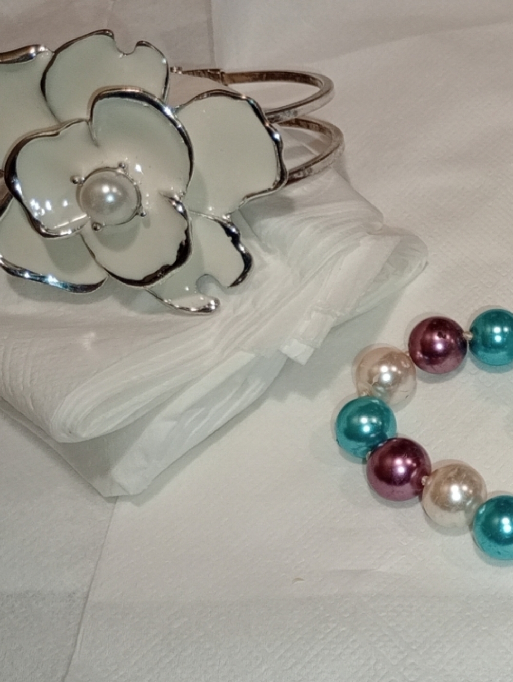 Pearl Multicolor Bead  Necklace - Teal, Purple & Ivory And Enamel Cuff Bracelet